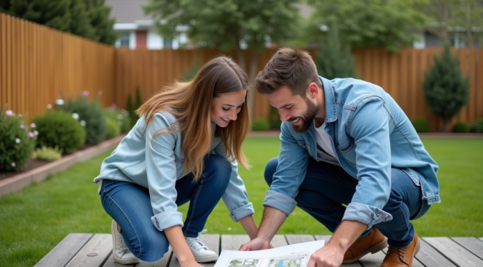 Jeune couple en extérieur examine des plans de jardin
