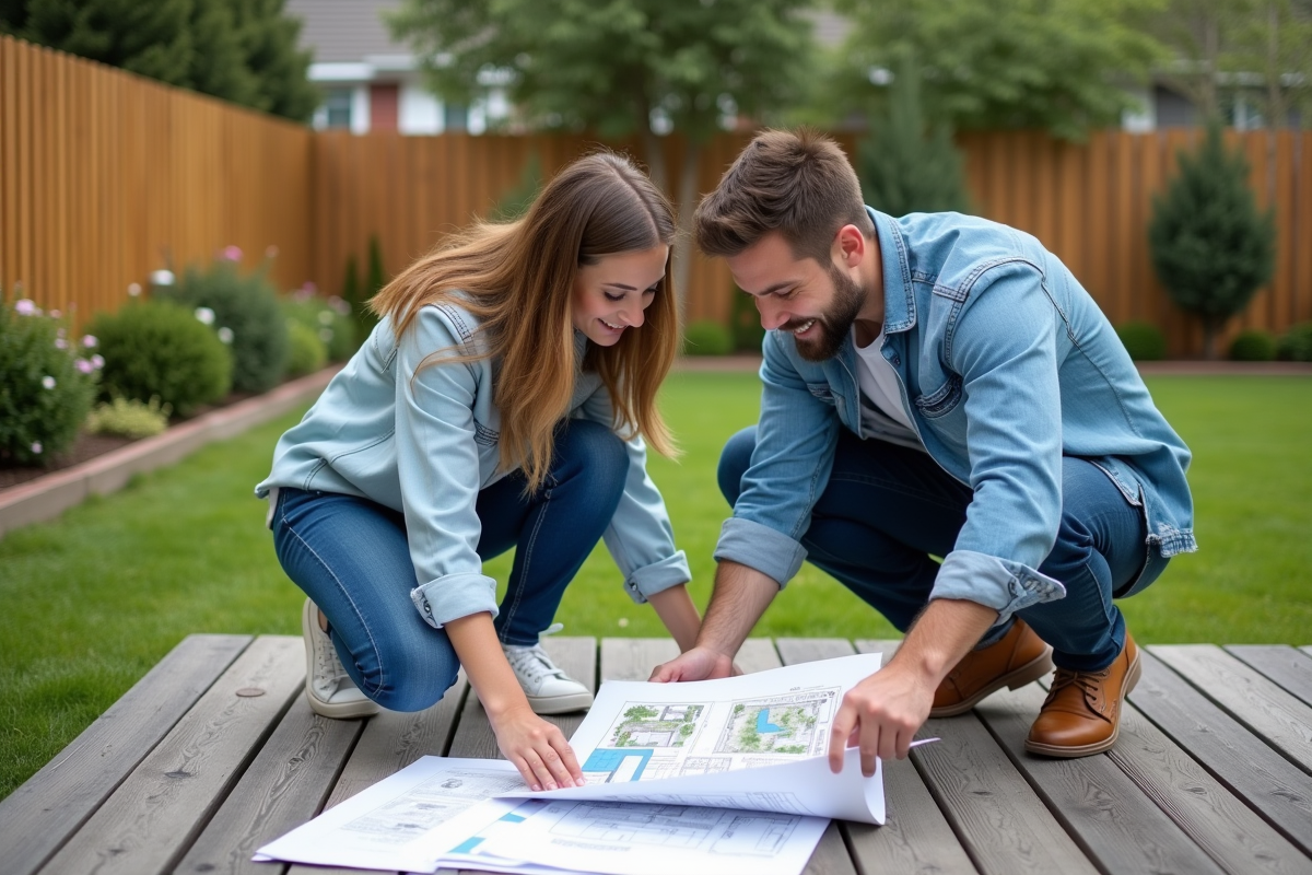 Jeune couple en extérieur examine des plans de jardin