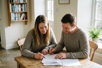 Couple souriant examinant documents de mortgage dans une cuisine lumineuse
