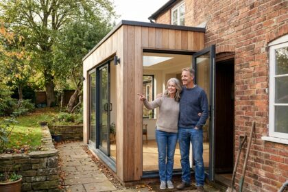 Couple souriant devant leur extension en bois moderne