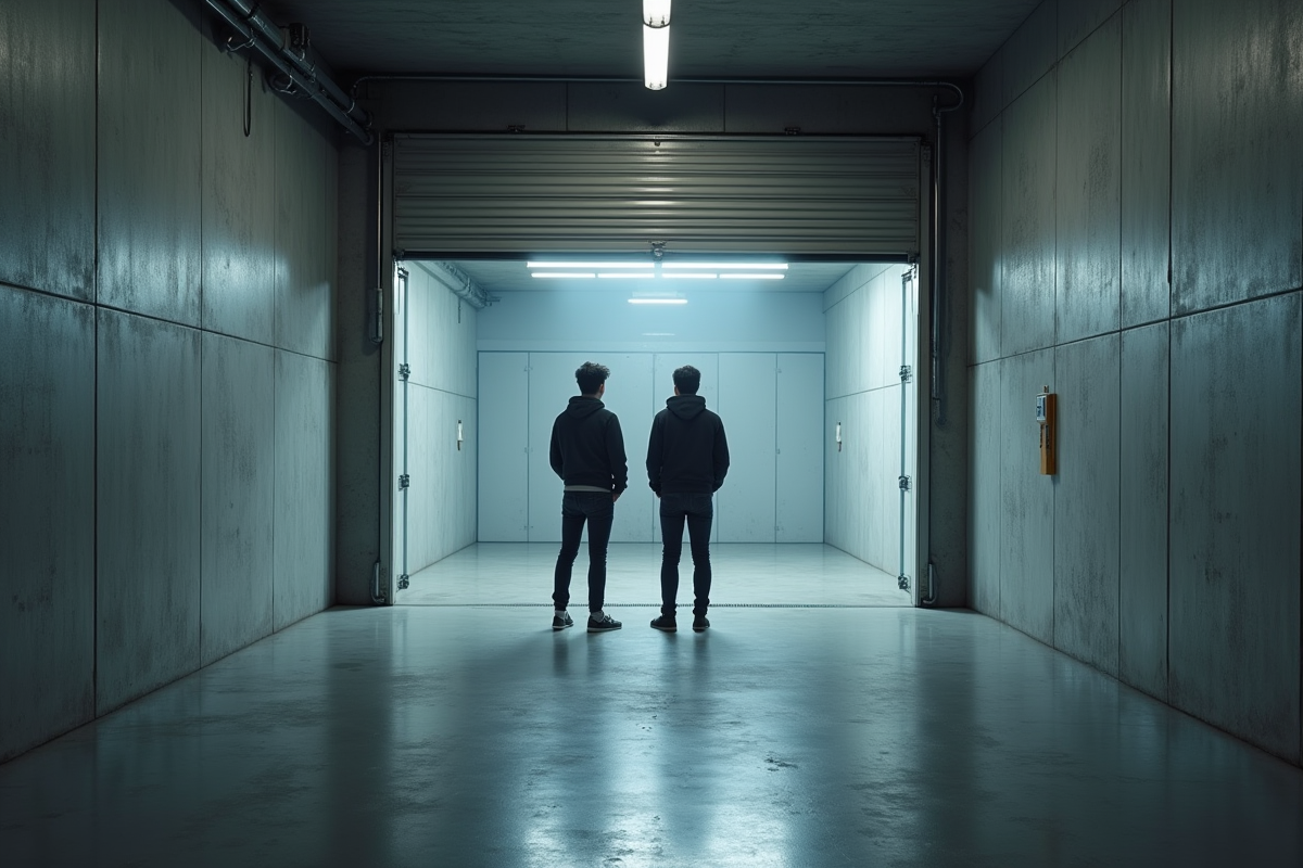 Jeune couple inspectant une cave vide et moderne