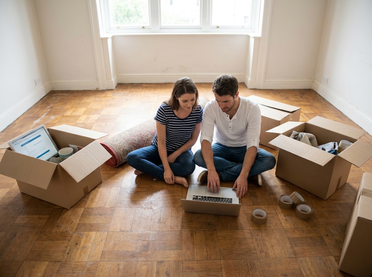 Couple effectuant les démarches de souscription à un contrat d'électricité en ligne dans leur nouveau logement