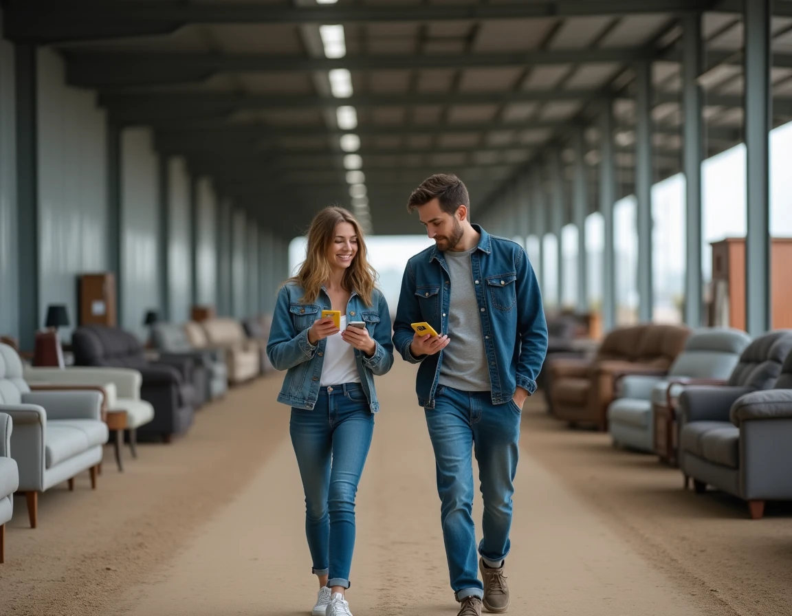 Couple comparant les prix sur smartphone lors d'une visite dans un lot de déstockage de meubles en extérieur à Bordeaux