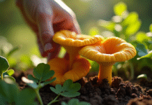 Personne cueillant des chanterelles jaunes dans un jardin ensoleille