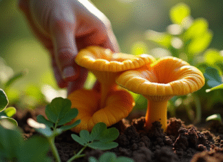 Personne cueillant des chanterelles jaunes dans un jardin ensoleille