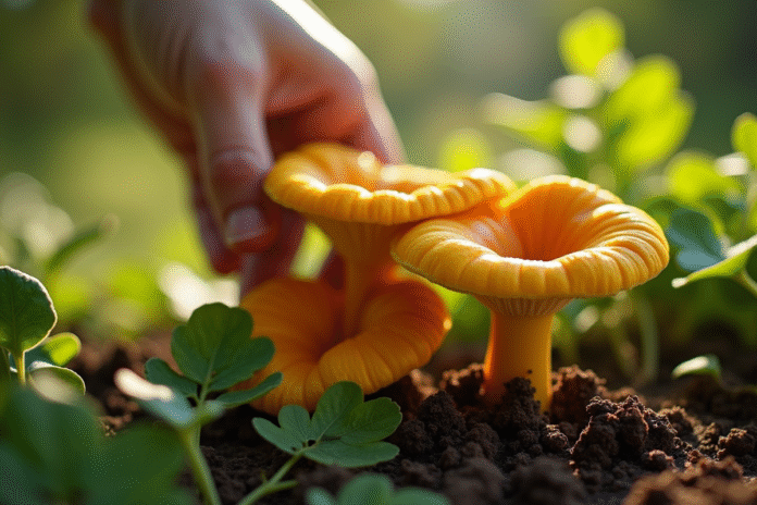cueillette-champignon-chanterelle-jaune Personne cueillant des chanterelles jaunes dans un jardin ensoleille