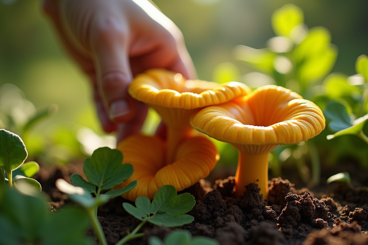 Personne cueillant des chanterelles jaunes dans un jardin ensoleille