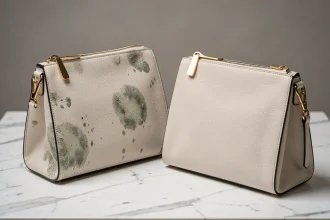 Sac à main en cuir de luxe présentant des traces de moisissures grises et vertes sur la surface et les coutures, posé sur un marbre blanc à côté d'un sac identique en parfait état