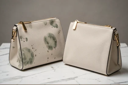 Sac à main en cuir de luxe présentant des traces de moisissures grises et vertes sur la surface et les coutures, posé sur un marbre blanc à côté d'un sac identique en parfait état