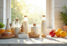Cuisine moderne avec produits quotidiens bien rangés en lumière naturelle
