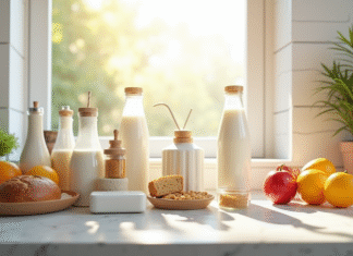 Produits de consommation courante : liste et utilisation quotidienne Cuisine moderne avec produits quotidiens bien rangés en lumière naturelle