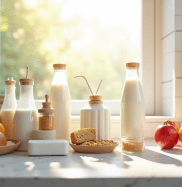 Produits de consommation courante : liste et utilisation quotidienne Cuisine moderne avec produits quotidiens bien rangés en lumière naturelle