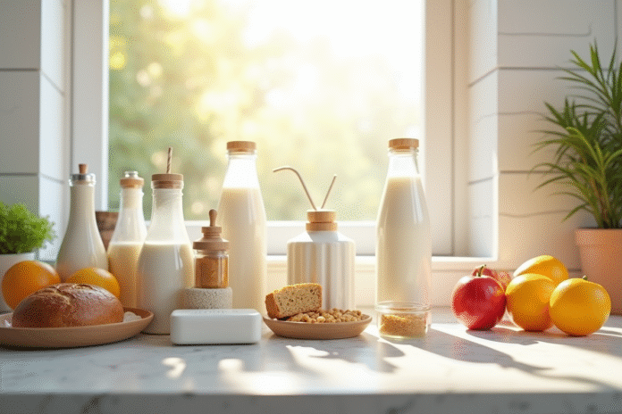Cuisine moderne avec produits quotidiens bien rangés en lumière naturelle