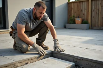 Pose de dalle sur plots béton avec système de drainage visible sous la terrasse extérieure
