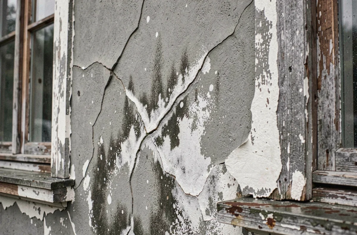 Gros plan sur une façade extérieure dégradée avec des fissures, des cloques et des taches d'humidité causées par un enduit appliqué par temps humide