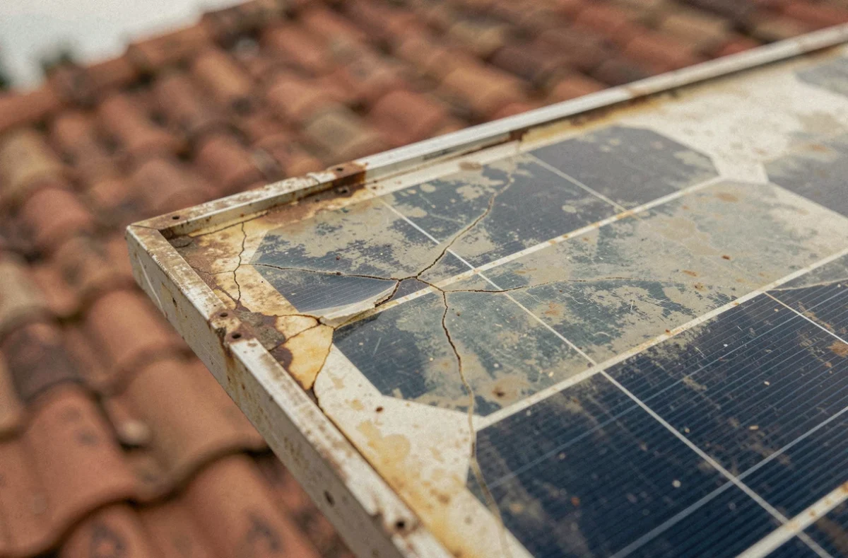 Gros plan sur une cellule photovoltaïque vieillie montrant des microfissures et une dégradation UV après de nombreuses années
