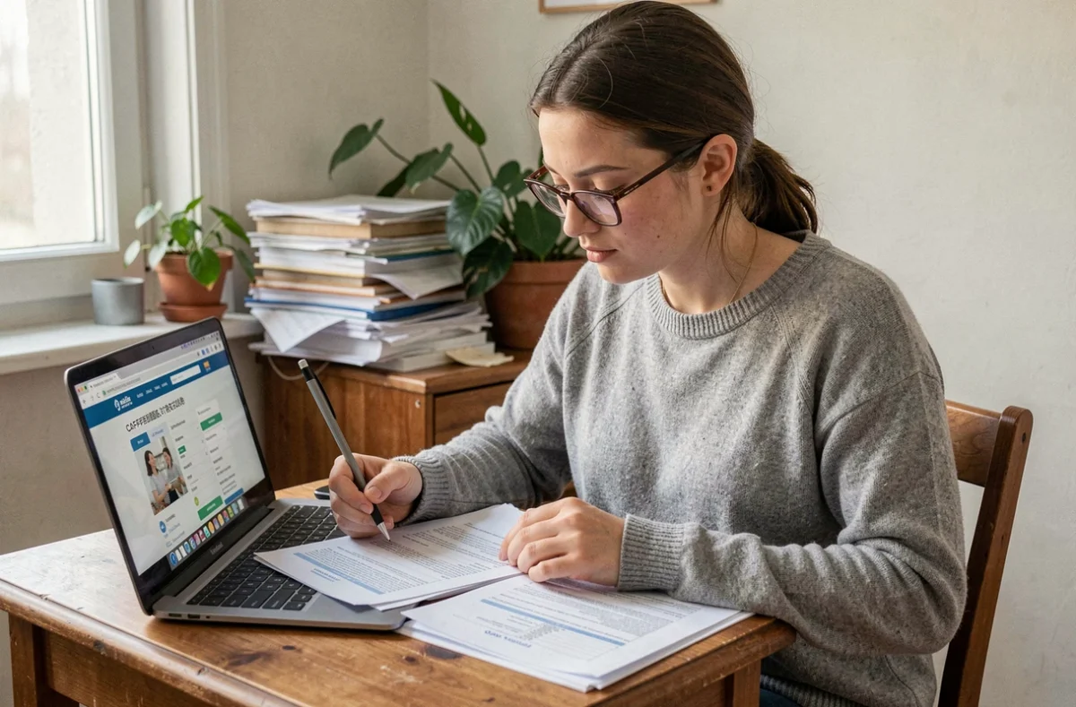 Une femme consulte des documents pour une demande d'aide ménagère financée par la CAF dans le 93
