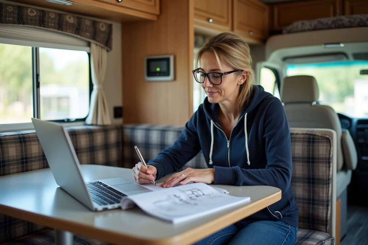 Femme camping-cariste consultant un guide de dépannage pour résoudre un code erreur Truma Combi 4 dans son camping-car