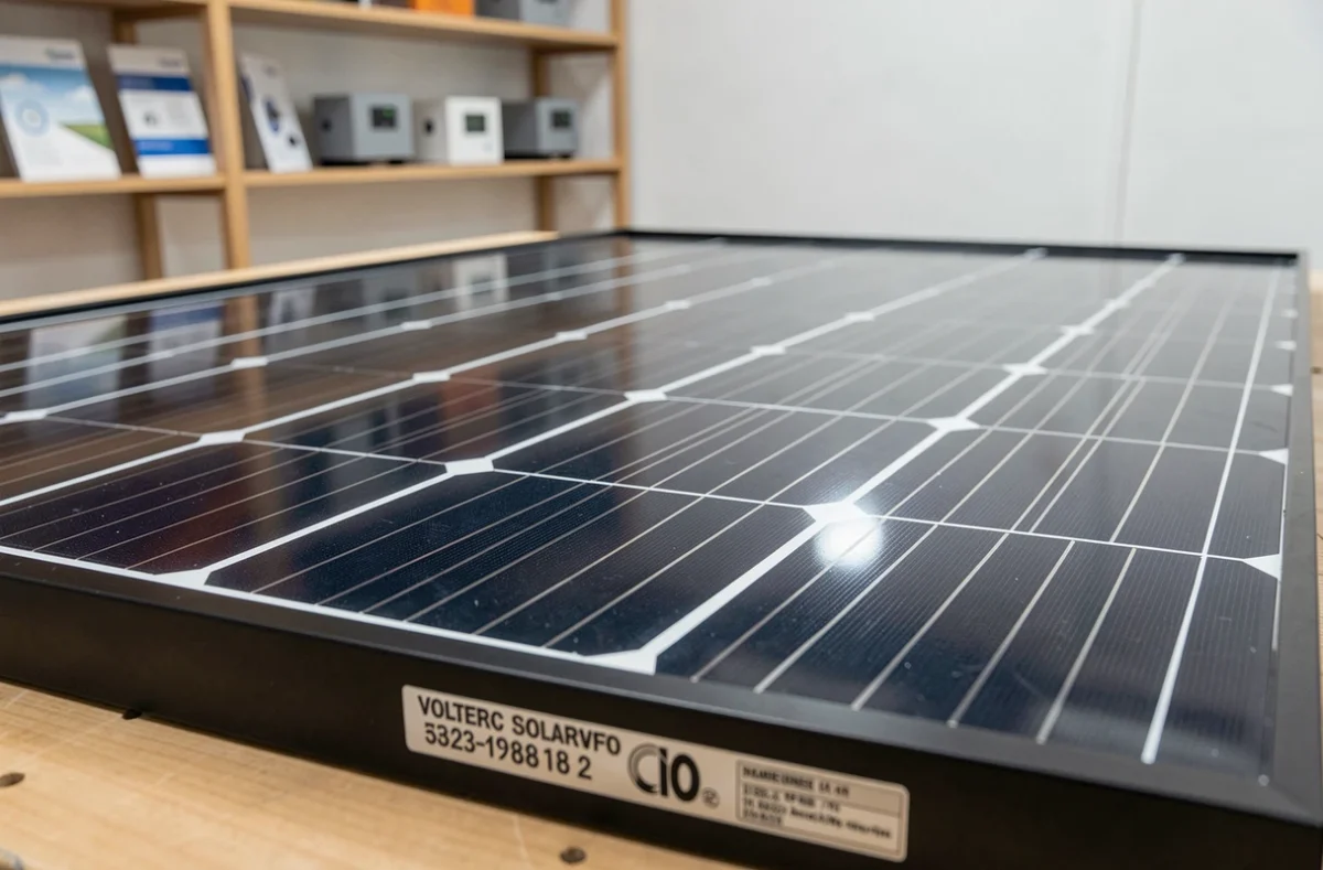 Gros plan sur les cellules monocristallines d'un panneau solaire Voltec Solar avec cadre aluminium et étiquette fabricant