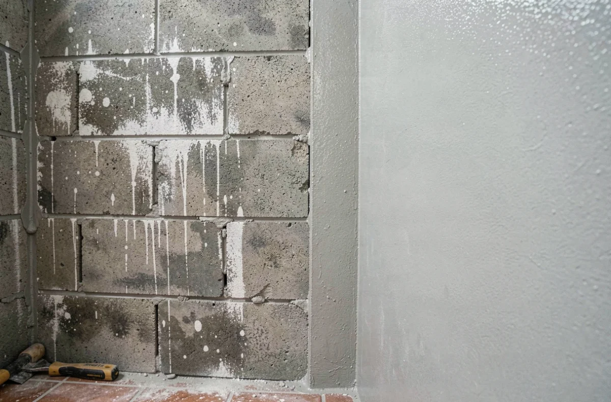 Détail d'un mur en parpaing intérieur humide avec enduit imperméabilisant appliqué en comparaison