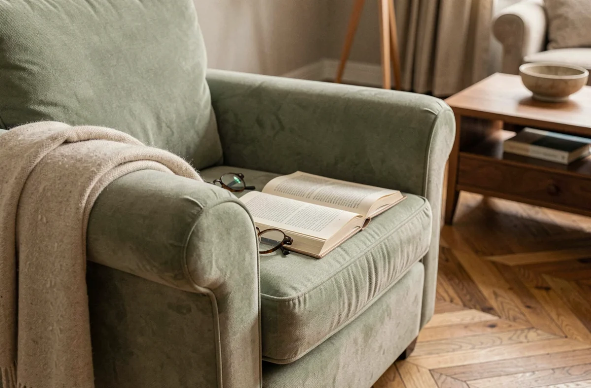 Détail d'un fauteuil de lecture moelleux vert sauge avec plaid en laine, lunettes de lecture et livre ouvert pour une ambiance bien-être