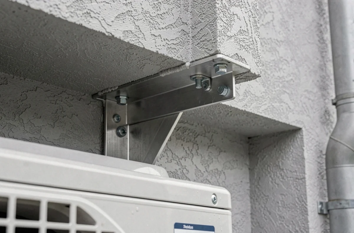 Détail de fixation murale d'un auvent de protection aluminium au-dessus d'une pompe à chaleur extérieure