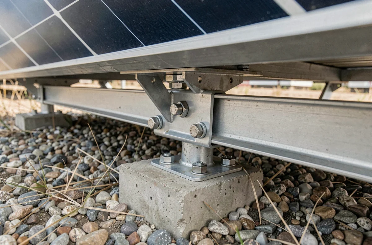 Détail de la structure métallique d'ancrage d'un panneau solaire installé au sol