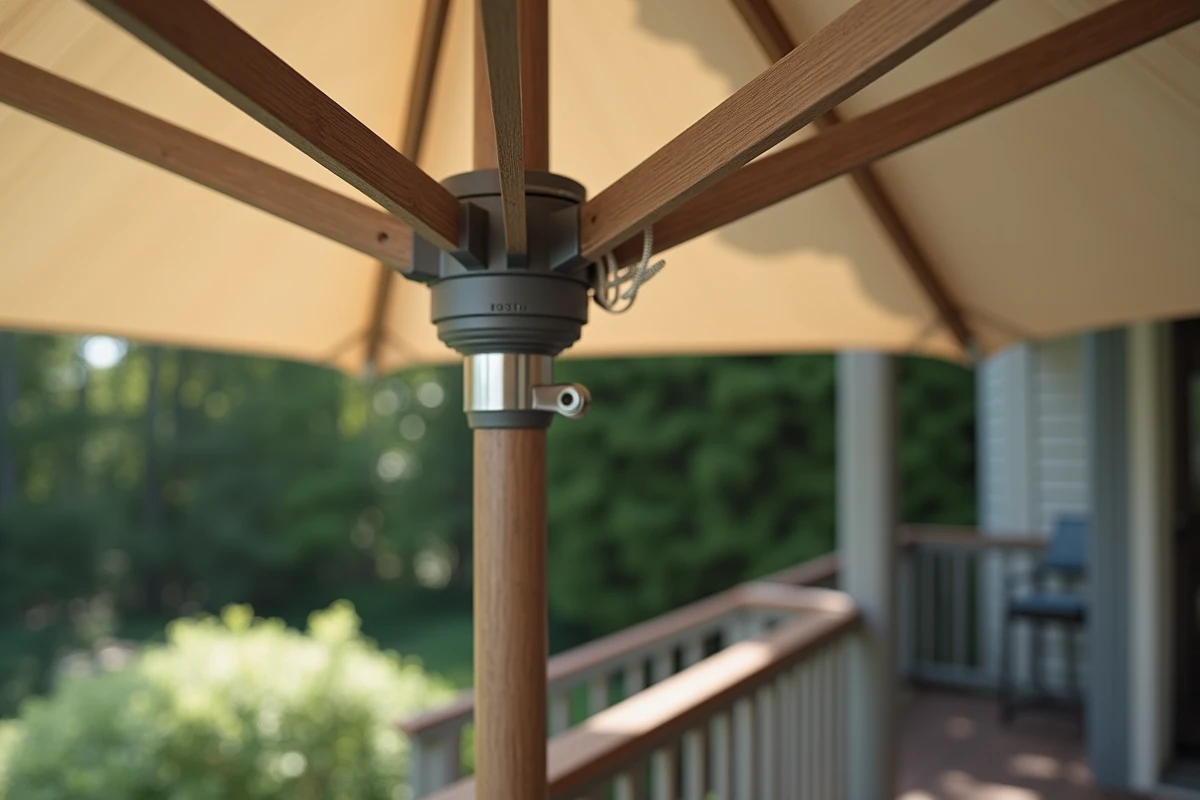 Détail de la structure en aluminium et double toile ventilée d'un parasol anti-vent de qualité