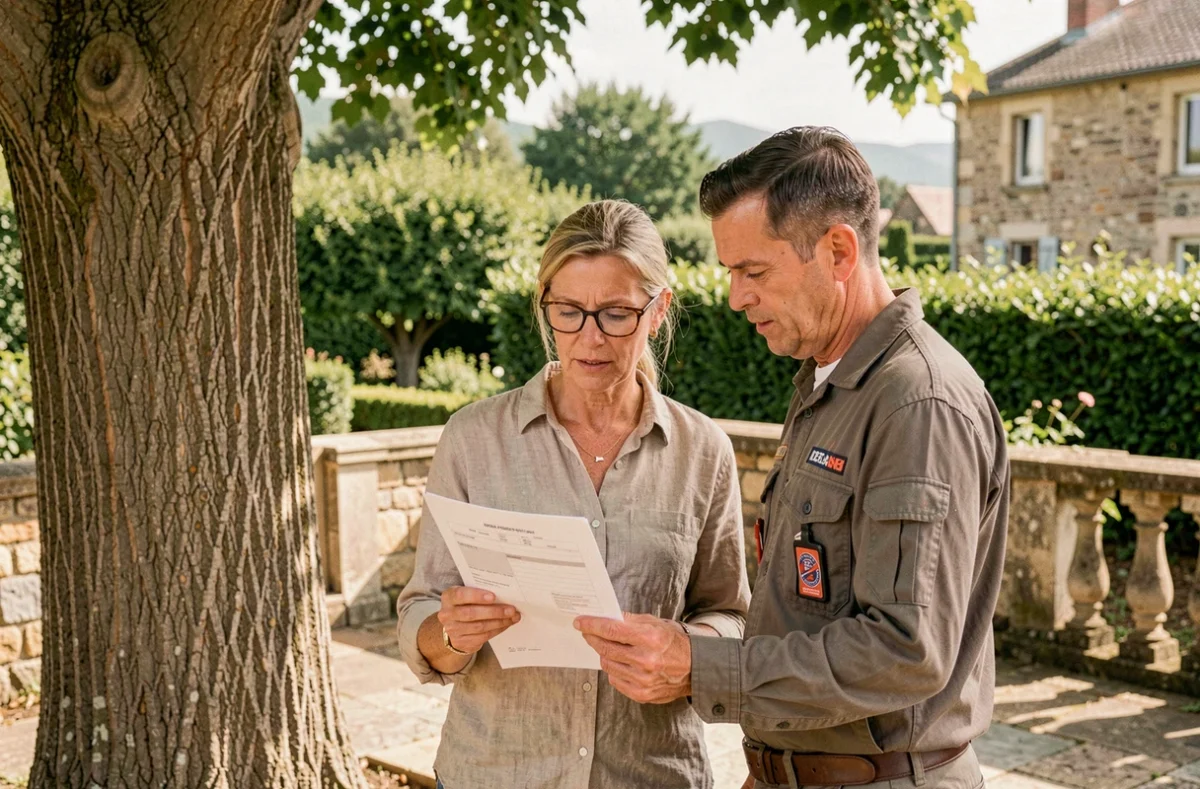 Propriétaire et arboriste examinant un devis d'abattage d'arbre sur une terrasse à Pau