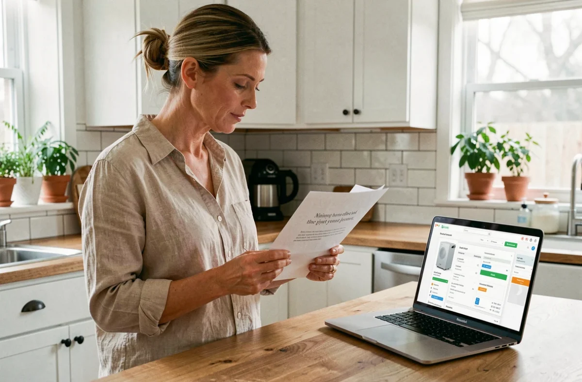 Propriétaire consultant un devis pour une pompe à chaleur Vaillant dans une cuisine moderne