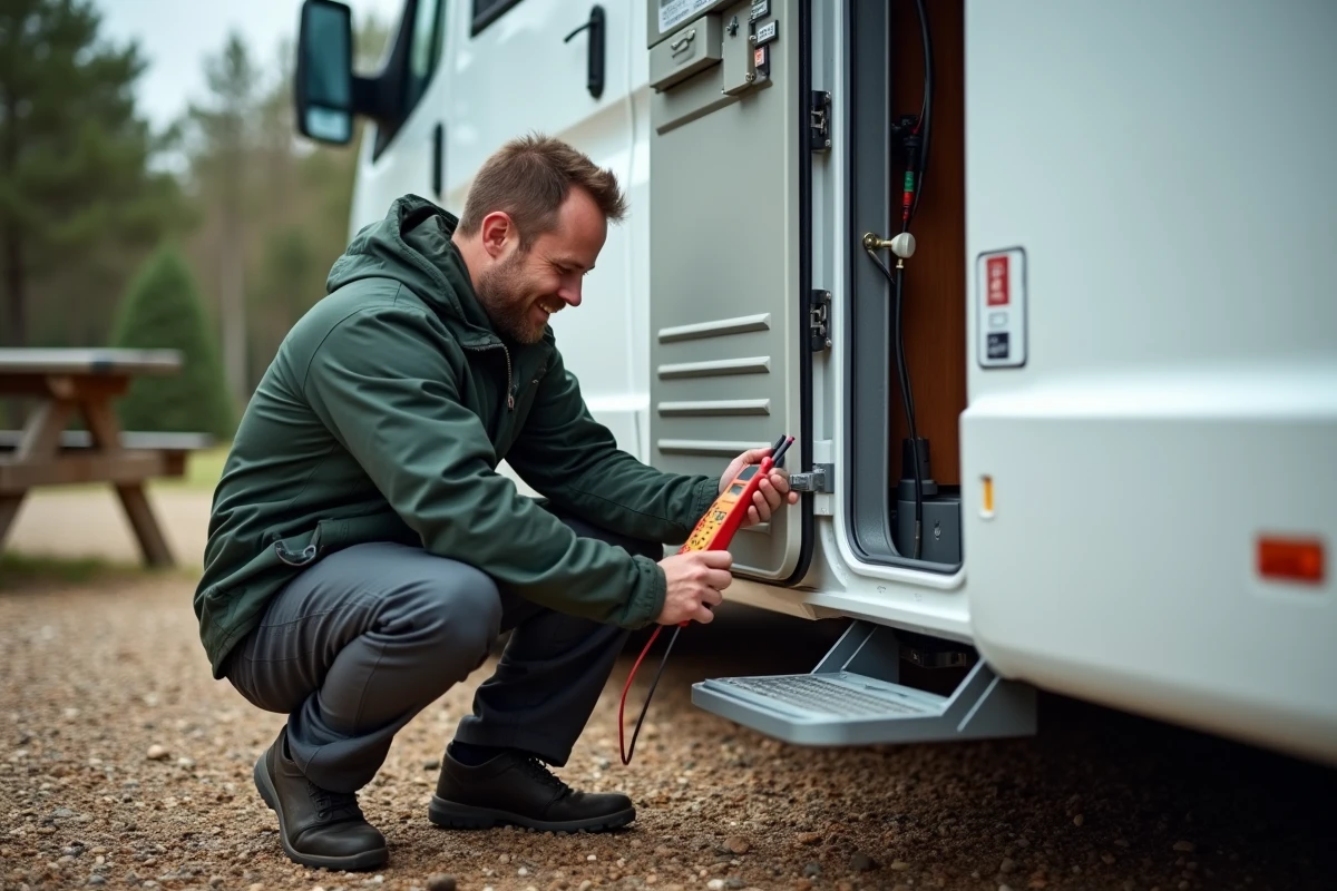 Homme effectuant un diagnostic technique sur le système de chauffage Truma Combi 4 d'un camping-car garé sur un terrain de camping