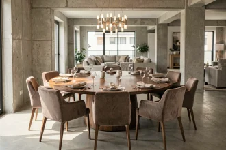 Grande table ronde de 180 cm de diamètre pouvant accueillir 10 personnes dans une salle à manger contemporaine avec chaises rembourrées en tissu taupe
