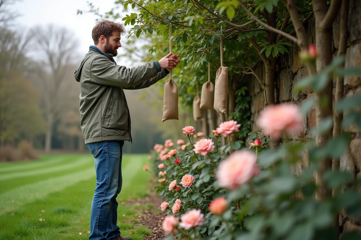 Jeune homme suspendant sachets parfumés dans un jardin rural