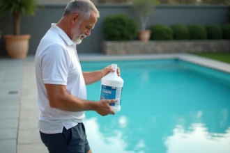Homme vérifiant la dose de javel pour une piscine de 50 m3 au bord de l'eau