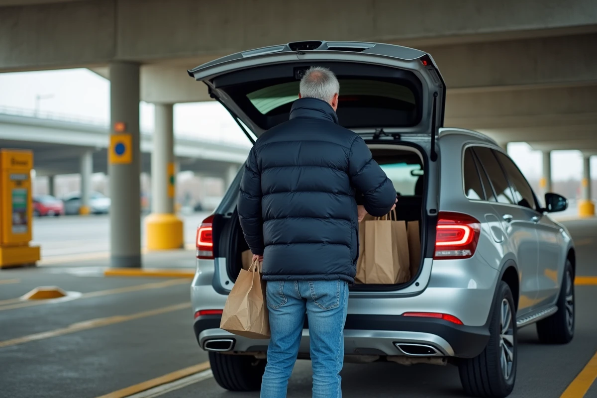 Client chargeant ses courses dans le coffre de son SUV au drive Carrefour dans un parking urbain