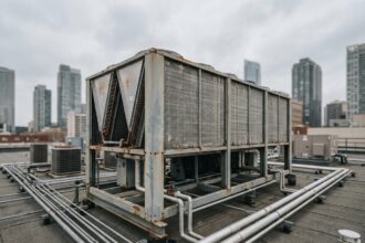 Dry cooler industriel installé sur le toit d'un bâtiment commercial avec échangeurs à ailettes en aluminium et tuyauterie HVAC