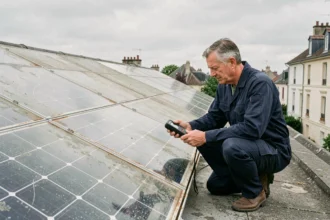 Technicien inspectant des panneaux solaires vieillis sur un toit de maison française après 20 ans d'utilisation