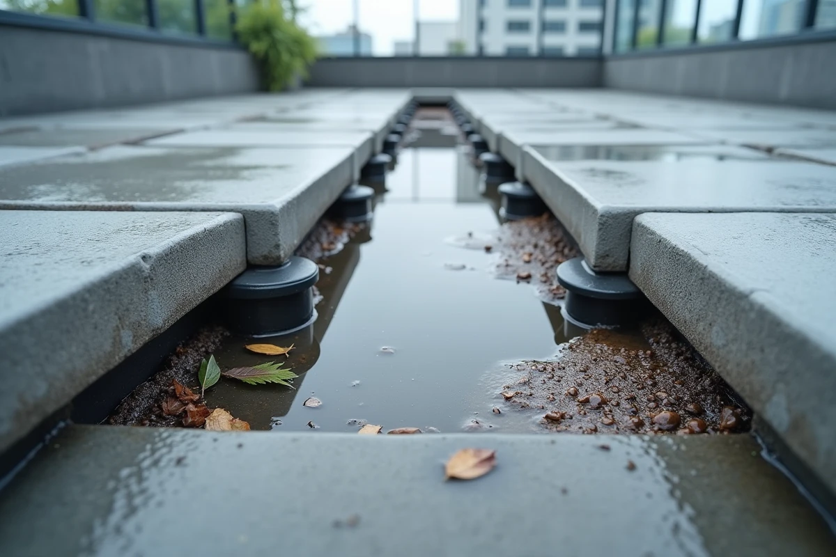 Eau stagnante entre les dalles béton sur plots sur une terrasse urbaine avec drainage insuffisant