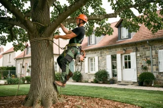 Élagueur professionnel en sécurité grimpant un grand chêne dans un jardin résidentiel à Pau avant l'abattage