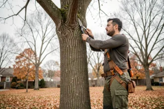Élagueur professionnel en harnais taillant les branches d'un grand chêne en automne dans un jardin résidentiel