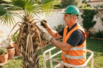 Élagueur professionnel en tenue de sécurité réalisant l'élagage d'un palmier méditerranéen dans un jardin résidentiel