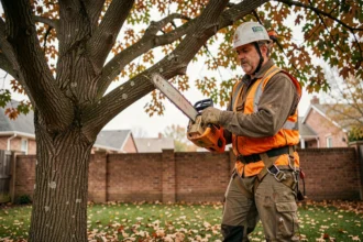 Élagueur professionnel en hauteur taillant un chêne dans un jardin résidentiel en automne