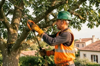Élagueur professionnel en équipement de sécurité taillant les branches d'un chêne dans un jardin résidentiel à Tournefeuille
