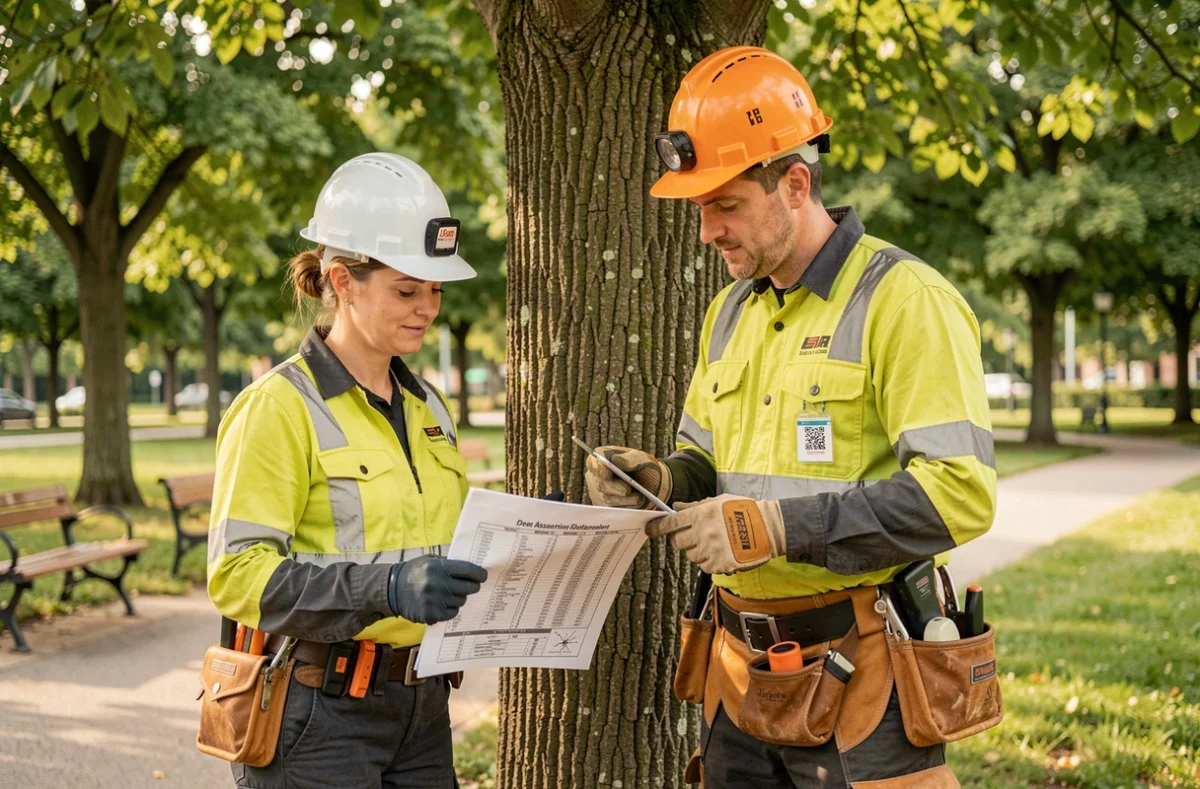 Deux élagueurs en tenue de protection consultant une fiche d'évaluation d'arbre dans un parc urbain
