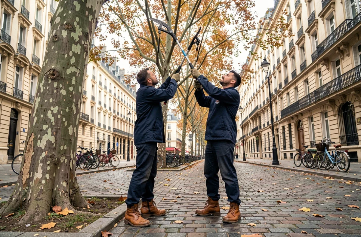 Deux élagueurs municipaux taillant un platane en ville sur une rue pavée en automne avec façades haussmanniennes