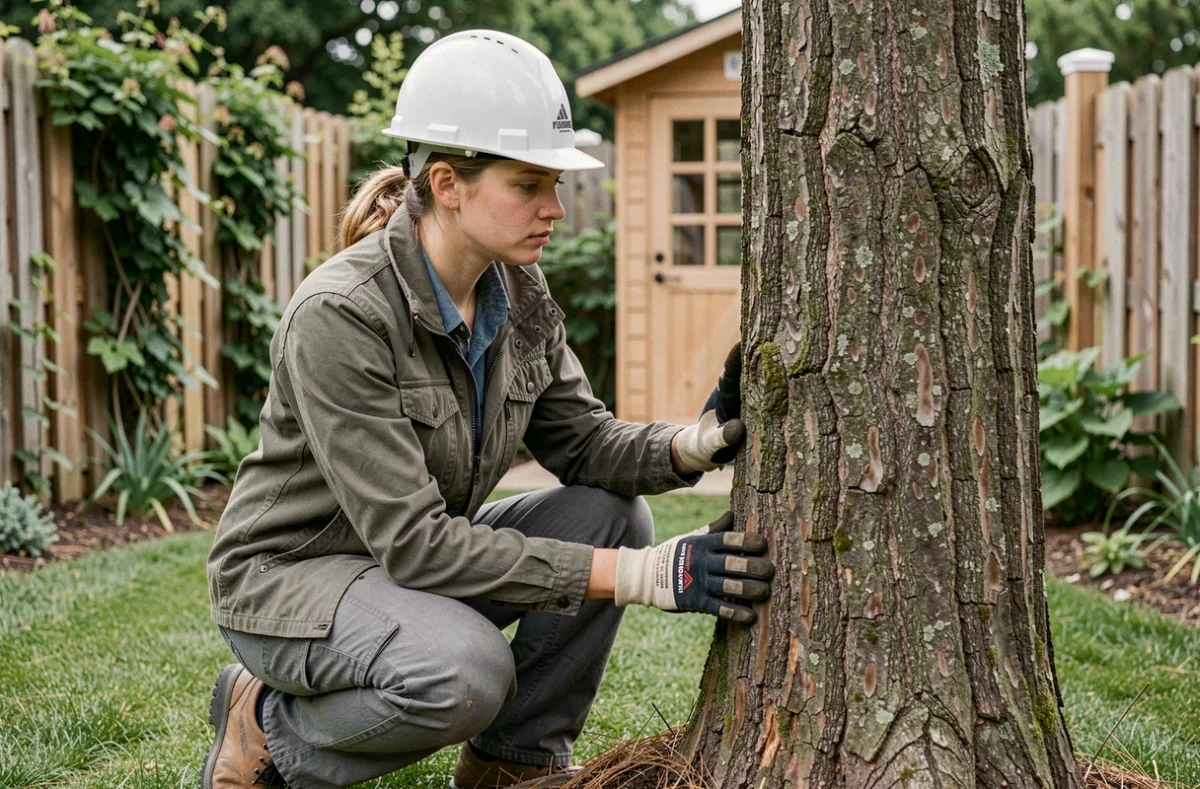 Élagueuse inspectant la base d'un pin dans un jardin privé lors d'un diagnostic phytosanitaire