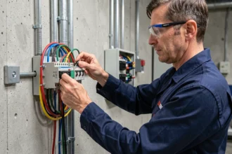 Électricien professionnel connectant les fils d'une prise triphasée 4 fils dans un atelier industriel