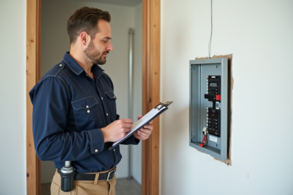 Électricien inspectant un panneau électrique moderne dans une maison rénovée