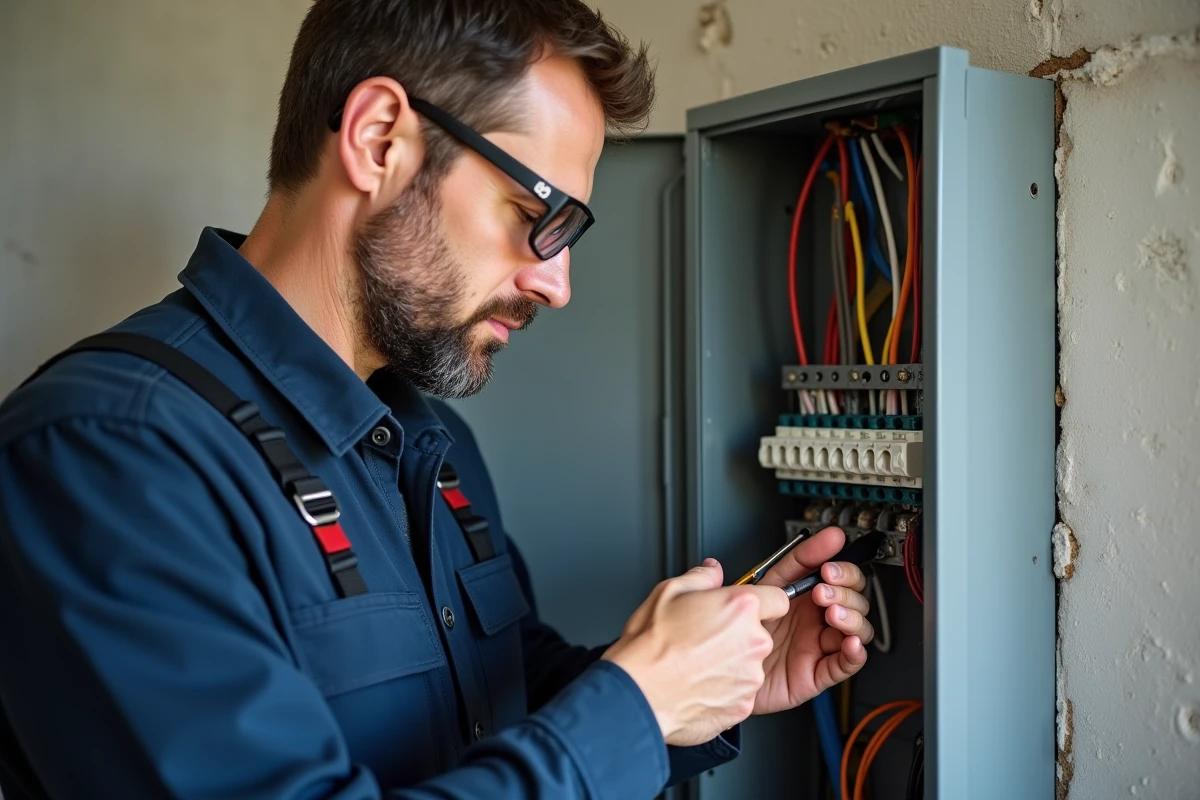 Électricien connectant fils dans panneau électrique