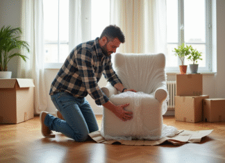 Emballage d’un fauteuil : conseils et astuces pratiques pour bien le protéger lors du déménagement Homme emballant un fauteuil en tissu dans un salon lumineux